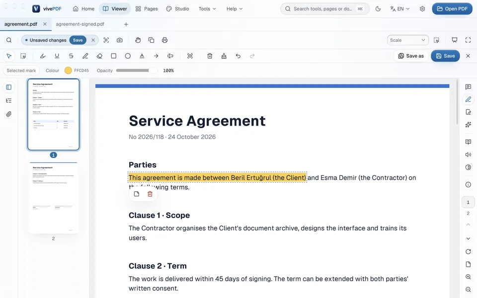 The markup bar open; part of the agreement's first sentence highlighted in yellow, with note and delete buttons under it