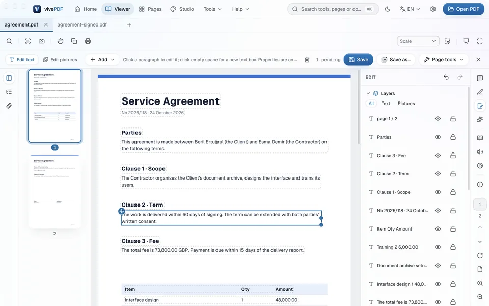 Editing text: the delivery time in Clause 2 changed from 45 to 60 days, with the Layers panel on the right