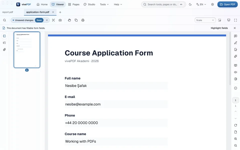 A filled-in course application form in the Viewer: name, e-mail, phone and course fields filled
