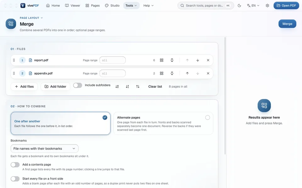 The Merge tool: two PDFs in the list, page range boxes and the One after another option