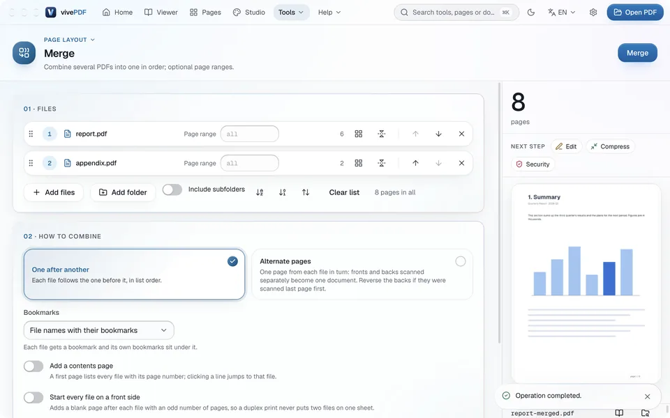 Merging finished: 8 pages, a preview and report-merged.pdf in the panel on the right