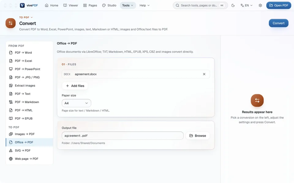 Office → PDF selected in the Convert tool: agreement.docx in the list, Paper size and the output file