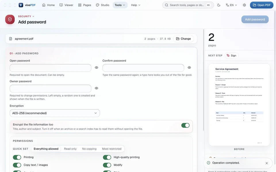 Password added: 2 pages, a preview and the Owner password created box in the panel on the right