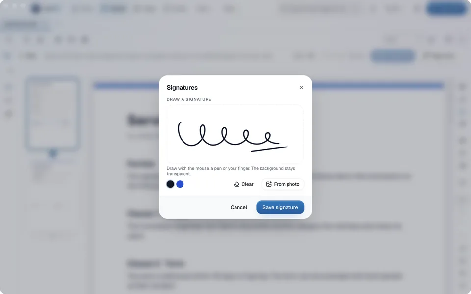 The Signatures window: a signature drawn in the Draw a signature area, with Clear, From photo and Save signature