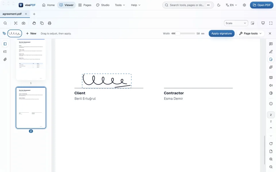 The signature placed on the Client line of the agreement; the Width slider and Apply signature in the bar at the top