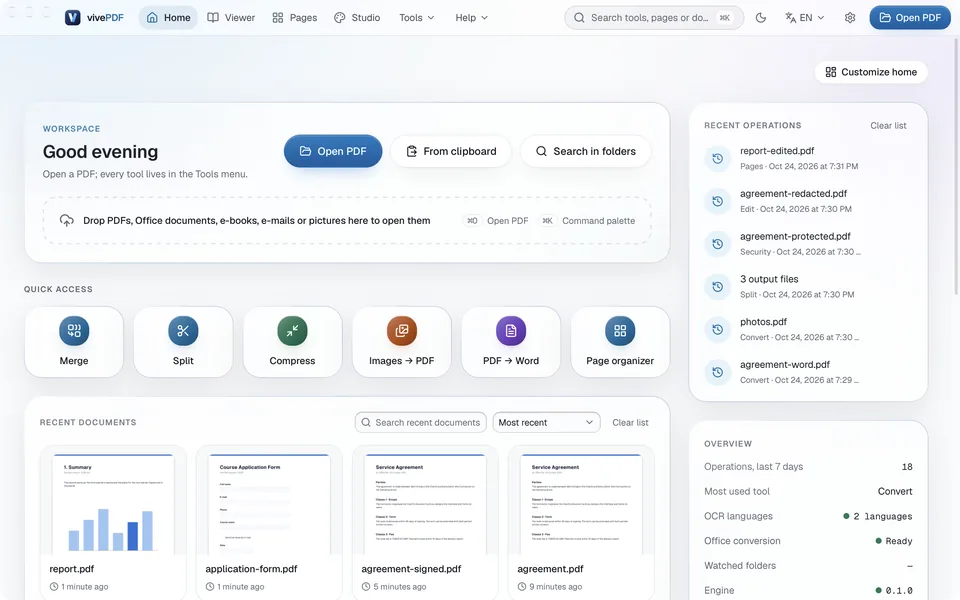 The vivePDF Home screen: the Open PDF button, Quick access tools and Recent documents