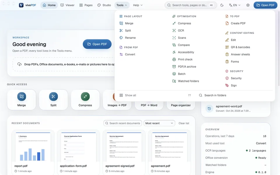 The Tools menu open: Merge, Split, Compress, Convert, Security and the other tools in groups