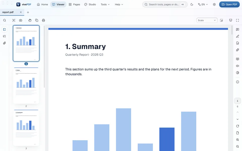 A report open in the Viewer: page thumbnails on the left, the tool strip on the right