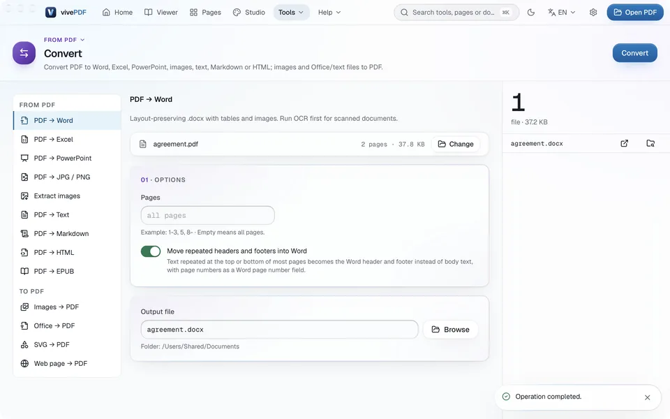 Conversion finished: 1 file and agreement.docx in the panel on the right