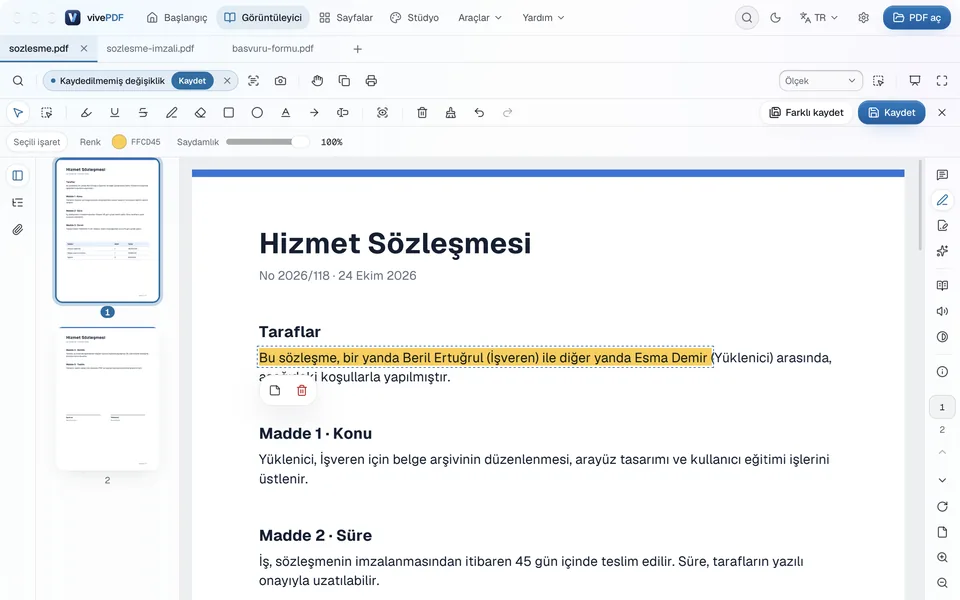 İşaretleme çubuğu açık; sözleşmenin ilk cümlesinin bir bölümü sarıyla vurgulanmış, altında not ve silme düğmeleri