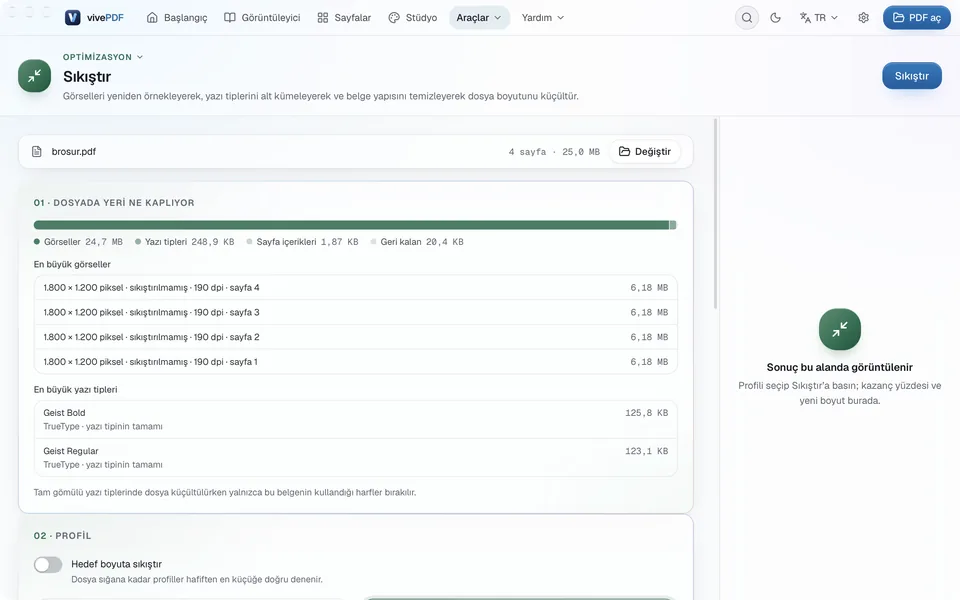 Sıkıştır aracı: 25 MB'lık broşürde yerin çoğunu görsellerin kapladığını gösteren çubuk ve en büyük görseller listesi