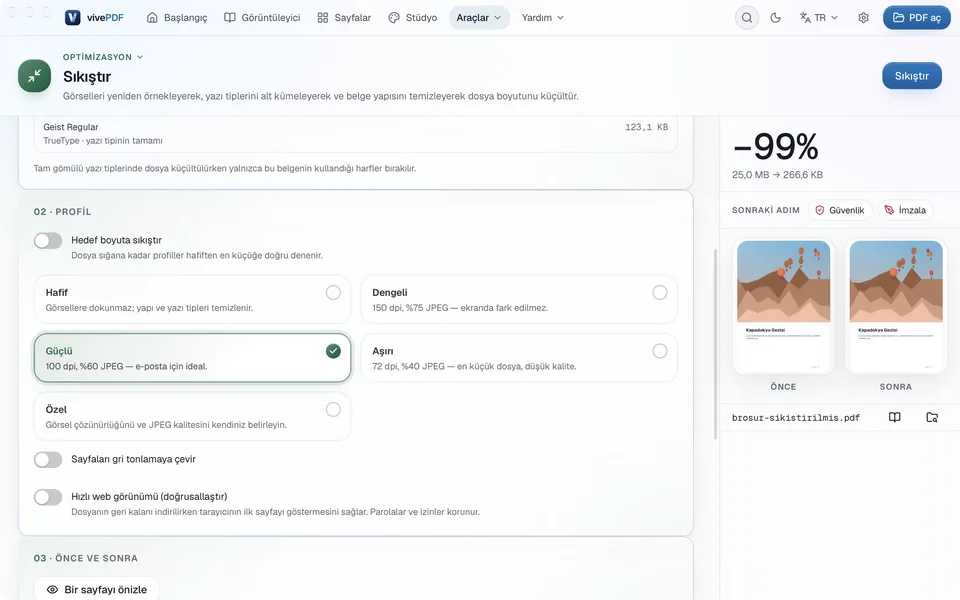 Sıkıştırma sonucu: −%99, 25,0 MB'tan 266,6 KB'a; önce ve sonra önizlemesi