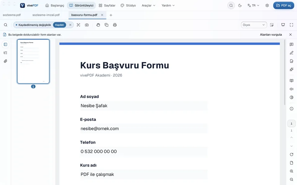 Görüntüleyici'de doldurulmuş Kurs Başvuru Formu: Ad soyad, E-posta, Telefon ve Kurs adı alanları dolu