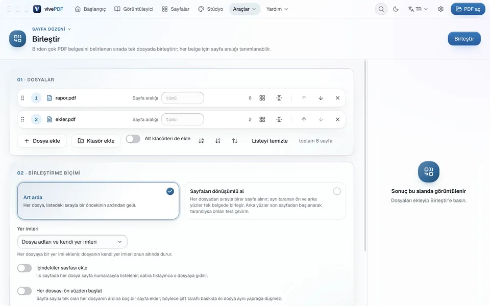 Birleştir aracı: iki PDF listede, sayfa aralığı kutuları ve Art arda birleştirme biçimi