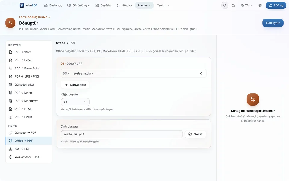 Dönüştür aracında Office → PDF seçili: sozlesme.docx listede, Kâğıt boyutu ve Çıktı dosyası
