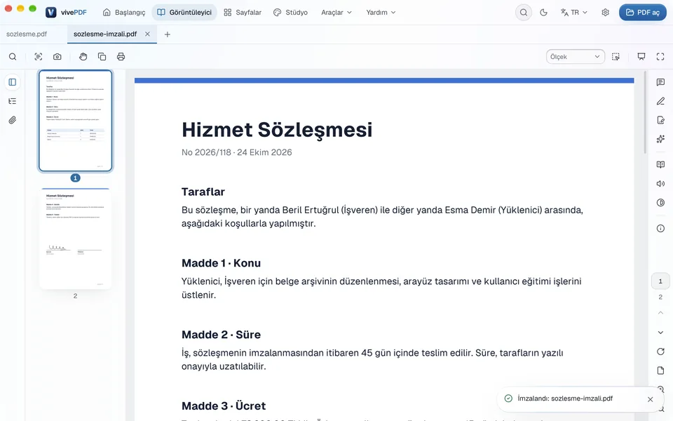 İmzalı sözleşme yeni sekmede açık; köşede İmzalandı: sozlesme-imzali.pdf bildirimi