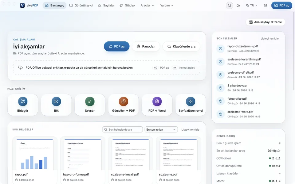 vivePDF Başlangıç ekranı: PDF aç düğmesi, Hızlı erişim araçları ve Son belgeler